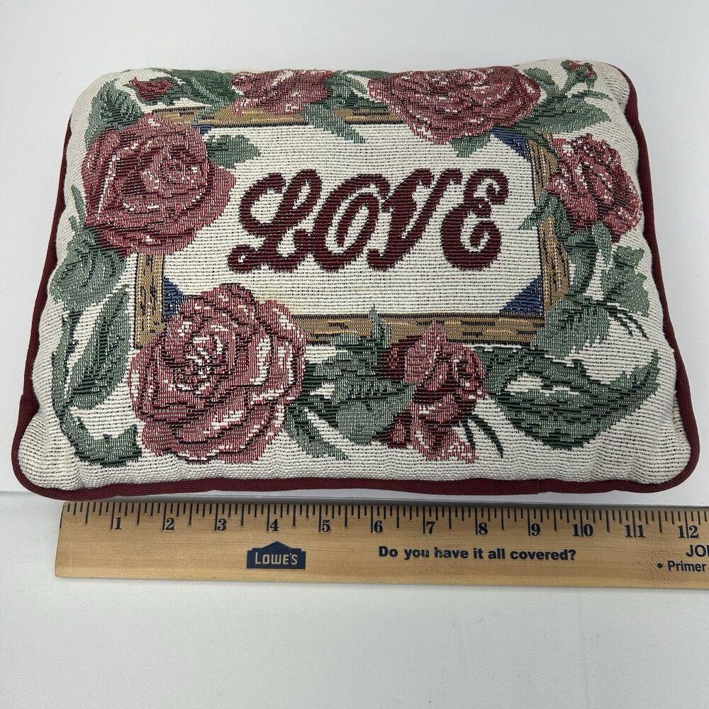 Vintage Tapestry Throw Pillow Love With Roses Home Decor Floral Grandma Wreath - Picture 5 of 8